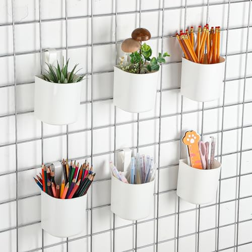 Threehoney 6 Stück Gitter-Wandkörbe zur Aufbewahrung von Gitterpaneelen, Zubehör, Hängekörbe, Gitterwandbecher für Küche und Bad, Hängekörbe zum Organisieren, Weiß