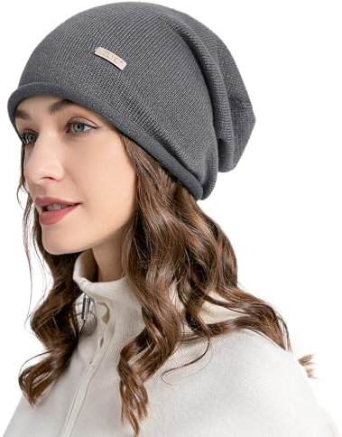 ZLYC Damen Wolle Kaschmir Strickmütze Winter Slouchy Beanie(Einfarbig Dunkelgrau),Einheitsgröße