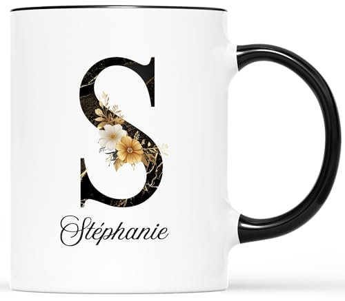 CADEAU PLUS Mug Personnalisé Prénom - Lettre S En Marbre Avec Fleurs - Tasse Alphabet Design, Initiale, Marbre Personnalisé