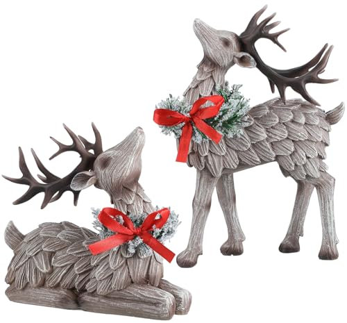 Cinnvoice 2 Pcs Resin Christmas Reindeer Figurine Deer Figurine Statues Resin Tabletop Deer Christmas Decorations for Office Desktop, Dinner Table, Bookshelf, Wine Cabinet, TV Stand