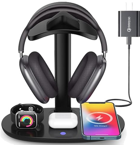 Suguder Stand for Apple Vision Pro with Wireless Charger, 4 in 1 VR Headset Display Holder with Charging Station for AirPods Pro/3/2 iWatch 9/8/7/6/5/4/3/2 iPhone 15/14/13/12/11 for Desktop Table Game