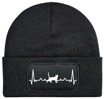 NIMAMA Mütze Beanie Heartbeat Katze Wintermütze Statement Spruch Print Geschenk Unisex Strickmütze für Herren & Damen