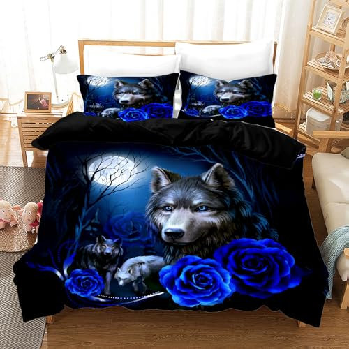 UGZDEA Wolf Bettwäsche Set 135x200cm, 3D Tier Serie Wölfe Rose Print Bettwäsche Set, Weiches Mikrofaser Steppbrett Set für Erwachsene Schlafzimmer Dekoration (Wolf-1, 135x200cm)