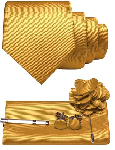 JEMYGINS Herren Krawatte aus Twill mit einfarbigem Design inklusive Pocket Square Manschettenknöpfen Krawattenklemme und Blütenbrosche Geschenkset für Partys Business Hochzeiten Gelb