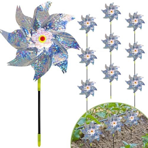 Lot de 10 moulins à vent répulsifs pour oiseaux, pigeons, balcon, jardin, moulin à vent, roues réfléchissantes pour protéger balcon, jardin, verger (argenté)