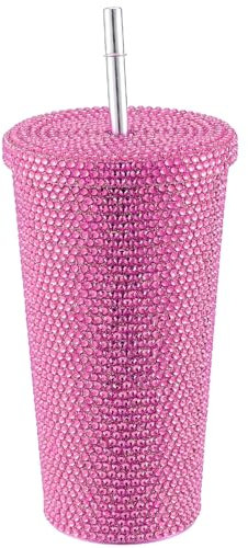 Studded Bling Diamond Tumbler 17oz/500ml Glitter Tumbler with Lid Straws,Brushe Handmade Sparkly Tumbler Stainless Steel Vacuum Insulated Gift for Hot Coffee Cold Drinks,Insulated Refillable (Pink)