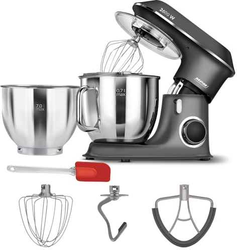 MPM Planetarische Küchenmaschine MRK-24 - Multifunktional Mixer Küche 4,5l - Küchengeräte Vielseitig Einsetzbar 1400W - Zwei Schüsseln - Inklusive Fleischwolf und Mixer