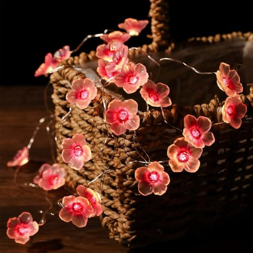 YeahBoom Kirschblüten Lichterkette,5M 50LED Sakura Lichterkette Batteriebetrieben,Frühling Deko für Innen und Außen,Blüten Lichterkette Deko für Kinderzimmer Garten Balkon Valentinstag Hochzeit Party