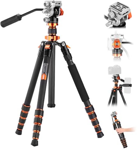 K&F Concept Treppiede Fotocamera in Fibra di Carbonio 173cm, Cavaletto Fotografico con Testa Idraulica ±90°, Treppiedi Video Monopiede 182cm con Arca Swiss per Reflex DSLR, Max 5kg, O255C4+FH-03