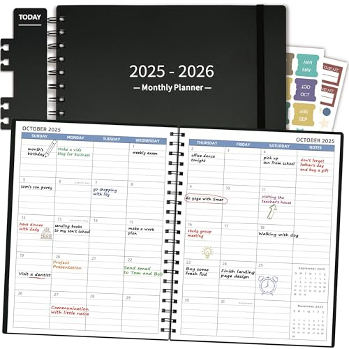 Monatsplaner 2025–2026 (18 x 24 cm), Juli 2025 – Dezember 2026, 18 Monate Kalender, akademischer Planer, Agenda mit Lesezeichen und Tasche, perfekt für Schule und Arbeit, 120 g/m² Papier, Schwarz