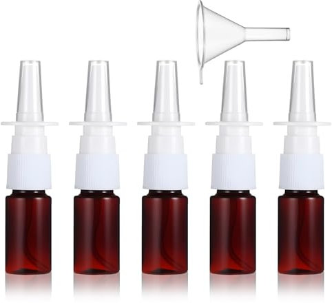 simarro 5 Stück Nasenspray Flasche Leer, 10 ml Nachfüllbare Nasenzerstäuber mit Trichter, Kunststoff Zerstäuber Sprühflasche Feiner Sprühnebel Nasensprayflasche für Parfüm Öle Kochsalzlösung(Braun)