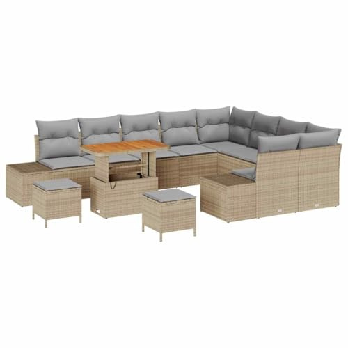 vidaXL 12-teiliges Garten-Sofa-Set mit Kissen in Beige, Poly Rattan, Akazie, modulares Gartenmöbel, wetterfest für Terrasse und Patio, Couch-Lounge für den Sommer, pulverbeschichteter Stahl