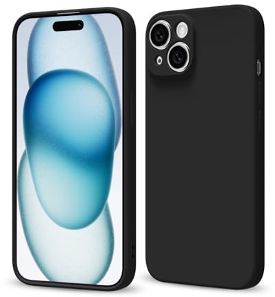 Svaove for iPhone 15 Plus Phone Case Liquid Silicone, Thin Ultra Slim Minimalist Phone Cover, Girly Cute Plain Bright Solid Color Matte Soft Rubber Jelly Gel Plastic TPU Bumper, Black