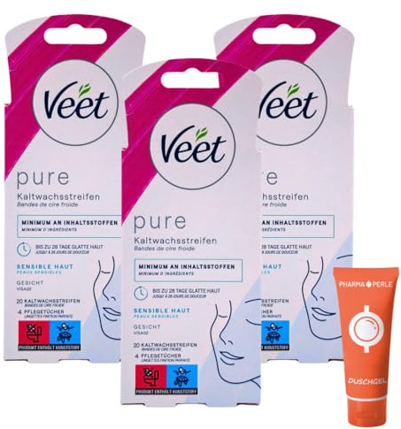 Veet PURE Kaltwachsstreifen Gesicht 3x 20 Stk. I Für sensible Haut I Sanfte & effektive Haarentfernung I Bis zu 28 Tage glatte Haut I Ohne Reiben & Erhitzen I Spar-Set plus Pharma Perle give-away