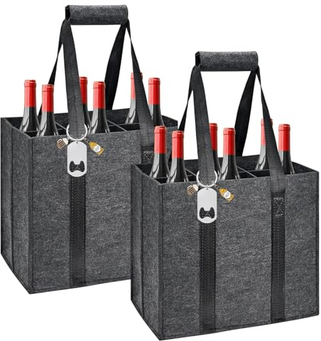 2 Pièces Porte Bouteille 6 Bouteilles, Sac Porte Bouteille avec Clés Bière, Sac Bouteilles Pliable Feutre, Cadeaux Bière pour Hommes, pour Vin, Champagne, 27 × 27 × 18 cm (Gris)