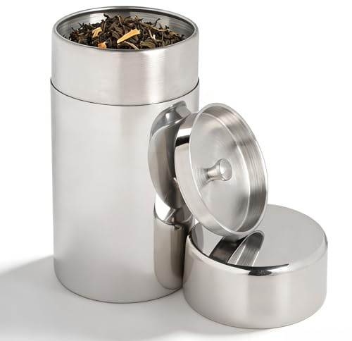 LALAGO 1 Stück Teedose Silber 560ml, Luftdicht mit Doppeldeckel | Runde Edelstahl-Kaffeedose, kleiner Küchenbehälter, Vorratsdose für Tee, Kaffee, Kakao, Zucker und Gewürze