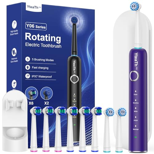 Rotierend Elektrische Zahnbürsten für Erwachsene und Kinder mit 8 Aufsteckbürste, Electric Toothbrush mit Wandhalterung Ladestation, 5 Putzmodi und Reiseetui, 60 Tage Akkulaufzeit (Lila)