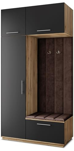 Masseno Flugarderoben Set Rema, Kleiderschrank-Set mit Sitzbank, Garderobenschrank Flur mit 5 Regalböden, Eiche Wotan/Schwarz