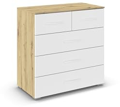 Rauch Möbel ADITIO, Kommode, Farbe Weiß/Eiche Artisan, Breite 80 cm | Sideboard im zeitlosen Stil, 5 Schubladen, Soft-Close-Funktion, für Schlafzimmer, Gästezimmer, Wohnzimmer, Garderobe, Flur