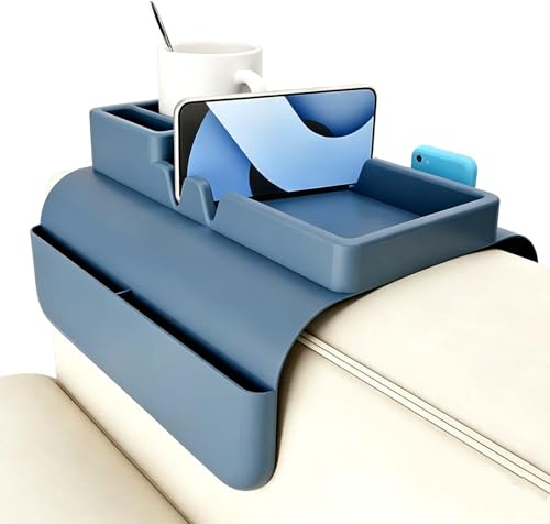 Sofa Armlehne Organizer Silikon Sofatablett Armlehne mit Getränkehalter | Anti Rutsch Armlehnentablett mit Aufbewahrungstasche für Handy Zeitschriften Fernbedienung Bücher Brillen