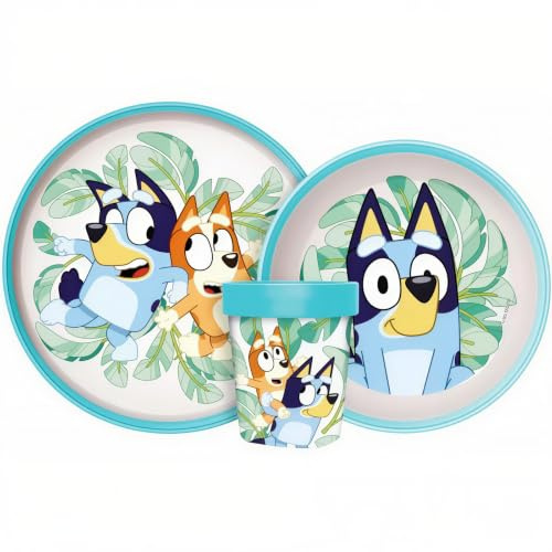BLUEY - Set di stoviglie riutilizzabile per bambini bicolore – Set composto da 3 pezzi: Piatto, ciotola e bicchiere per bambini e bebé con base antiscivolo – Senza BPA