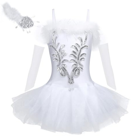 TiaoBug Mädchen Ballettkleidung 3tlg.Set Ballettkleid+Handschuhe+Haarband Kinder Ballettanzug Ballett Trikot Tanz Kostüm Tütü Kleid 104 110 116 122 128 140 152 Weiß 122-128