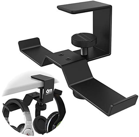 6amLifestyle Under Desk Dual Headphone Hanger, Metal Headset Stand Gaming Earphone Holder Universal Clamp on Desk Hanger Hook for All Headsets, Black (Patent)