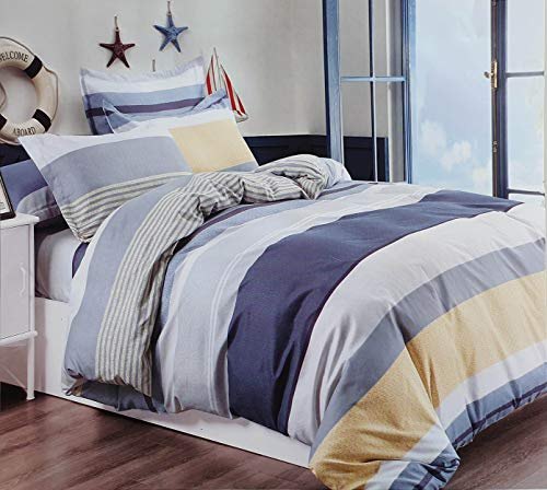 cushion mania Duvet Cover Set with Pillowcases – Soft 90 GSM Microfibre Quilt Cover Bedding, Lightweight & Machine Washable (Stripe Blue Mustard, King Size)