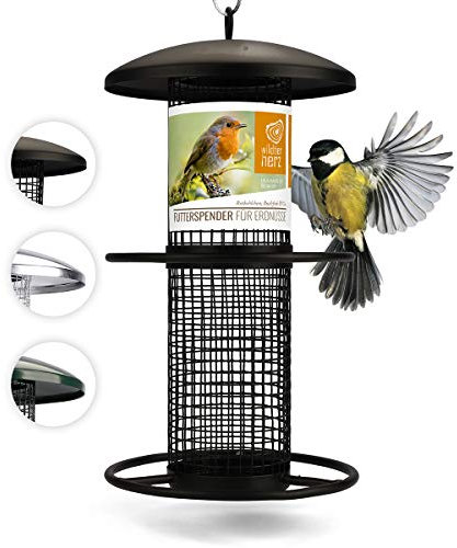 wildtier herz I Vogelfutterspender 26cm - Erdnussfutterspender aus rostfreiem Metall, Vogel Futterstation, Futtersäule, Nüsse Erdnüsse, Wildvögel Futtersilo, Schwarz