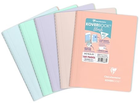 Clairefontaine 366681C - Packung mit 5 Heften Koverbook Blush PP, Spiralbindung, DIN A5, 80 Blatt kariert, farbig sortiert, 1 Pack