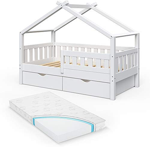 VitaliSpa Hausbett Design, Weiß, 80x160 cm mit 2 Schubladen und Matratze