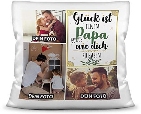 PR Print Royal Kissen mit Füllung - Fotocollage selbst gestalten mit Spruch für Bonuspapa - GLÜCK - mit DREI eigenen Fotos - Geschenkidee Fotokissen - Kissen Polyester - Weiß