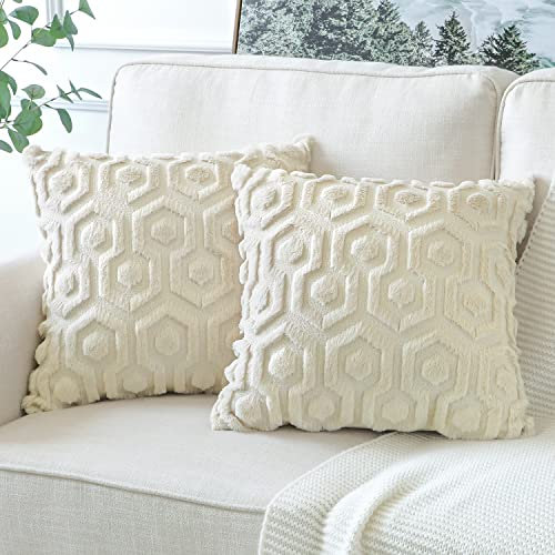Artscope 2er-Set Sanft Plüsch Dekorativ Kissenbezüge, Kurze Wolle Samt Boho Kissenbezug Luxus Dekokissen Kissenhülle Set Kissen Fall für Sofa Auto Zuhause Schlafzimmer Dekor (Creme Beige, 60x60cm)