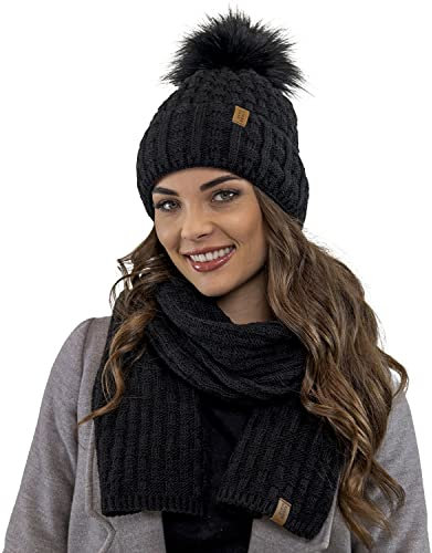 VIVISENCE Trendige Damen Winter Bommelmütze Mit Weichem Vlies-Innenfutter Aus Wärmendem Garn Antistatische Eigenschaften Perfekte Passform Für Kalte Wintertage Modisches Design, Schwarz,Einheitsgröße