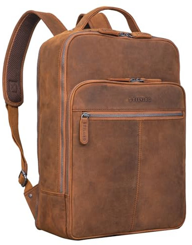 STILORD 'Pietro' Business Lederrucksack Groß Laptoprucksack 15.6 Zoll Vintage Backpack für Büro Arbeit Uni Trolley Aufsteckbar XL Echtleder, Farbe:tan - dunkelbraun