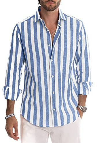 Meilicloth Herren Hemd Langarm Sommer Gestreifte Freizeithemden Casual mit Knöpfen Regular Fit Himmelblau Weiß L