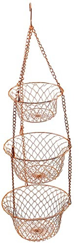 LOVIVER Copper Hanging Fruit Basket, 3-Tier Wrought Iron Organizer, 7 x 9 x 11 (H: 30)