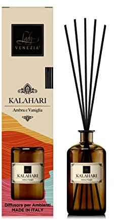 Difusor Ambiente África con palillos, Ambientador Varillas, 3 fragancias - 500 ml (Kalahari - Ámbar y vainilla)