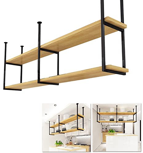 Floating Shelves Decorative 2 Tier Wood Shelving, Kitchens Storage Rack with Ceiling Hanging Metal Iron Frame Plant Shelf Flower Pot Stand Wine Holder for Bars,Living Room/Restaurants
