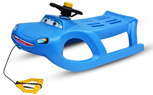 Prime Garden® Auto Volante Kinderschlitten Schlitten Kunststoffschlitten für Kinder mit Zugseil Metallkufen Lenkrad (Blau)