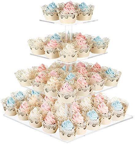 AMEITECH Cupcake-Ständer mit Sockel, 4-stöckig, quadratisch, Acryl, Cupcake-Präsentationsständer, Dessertturm, Gebäckständer, Premium-Cupcake-Halter für Hochzeit, Geburtstag, Mottoparty - Transparent