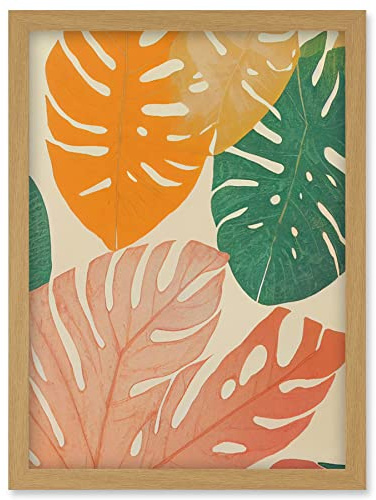 Wee Blue Coo Pastel Monstera Leaves Botanical Artwork Framed Wall Art Print A4