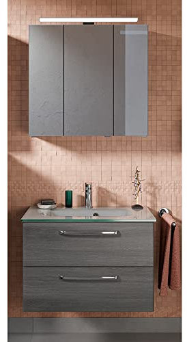Lomadox Waschplatz Badezimmer mit Waschtisch 77 cm Glaswaschbecken Spiegelschrank Aufbauleuchte Graphit Struktur quer