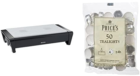 Brabantia 477140 Food Warmer, 2 Burner - Matt Black with Grey Grill, 40 x 20 x 10 cm & Prices Patent Candles White Tealights Bag, Pack of 50, Wax, l x 3.8cm w x 1.8cm h