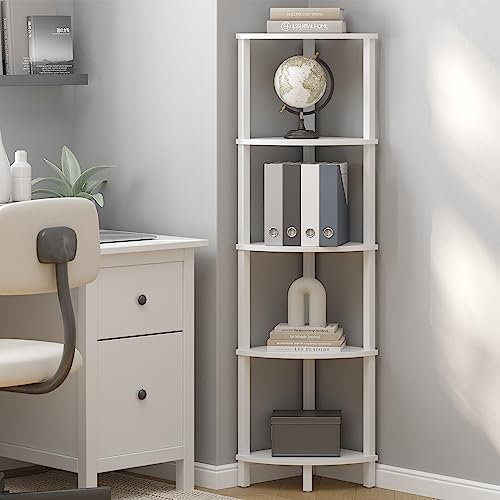 VIMBER Eckregal, 5-stöckiges Eck-Bücherregal, industrielles Eckleiterregal, modernes Ausstellungsregal für Wohnzimmer, Schlafzimmer, Küche, Heimbüro, Metallrahmen, weiß UJSJ001W