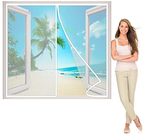 Fliegengitter Fenster, 150x90 cm Magnetvorhang DoppelFenster Mückenschutz Ideal für die SchiebeFenster BalkonFenster und TerrassenFenster, mit Heavy Duty Mesh & Klettverschluss, Weiß P