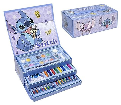 CERDÁ LIFE'S LITTLE MOMENTS Malette de Coloriages Stitch - Inclut des Feutres, Peinture Aquarelle et des Crayons de Couleur - avec Carnet pour Dessiner - Produit Original Conçu en Espagne
