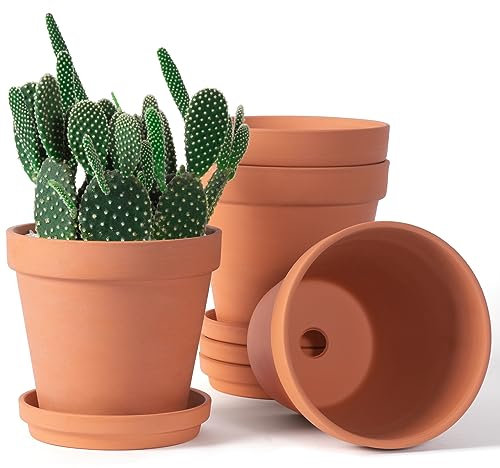 Lot de 4 pots de fleurs en terre cuite et argile avec soucoupe, pot de fleurs moyen avec trou de drainage, pot de fleurs en terre cuite avec plateau pour intérieur et extérieur 15,2 cm