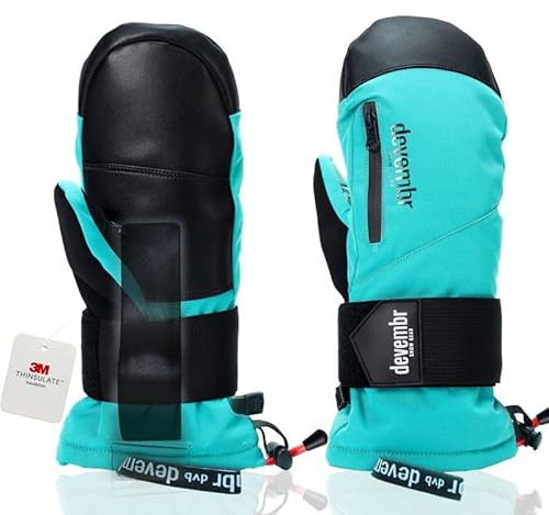 devembr Ski-Fäustlinge mit Handgelenkschützern, Warme Snowboard-Fäustlinge, Wasserdicht, Blaugrün, M