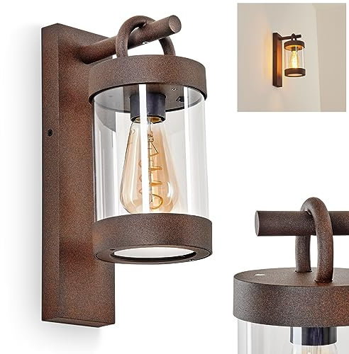Außenwandleuchte Fulham, moderne Wandleuchte aus Metall/Kunststoff in Rostfarben/Klar, Wandlampe für Balkon/Terrasse mit Dämmerungssensor und An-/Ausschalter am Gehäuse, 1 x E27, ohne Leuchtmittel